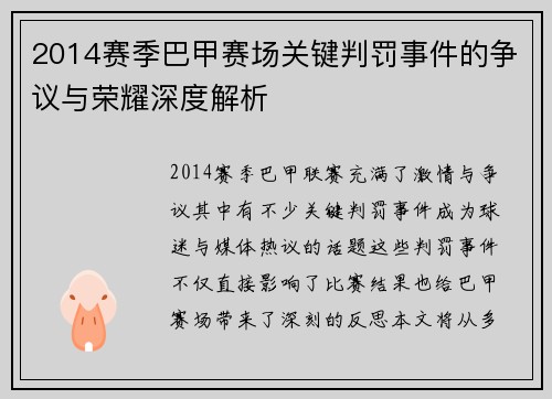 2014赛季巴甲赛场关键判罚事件的争议与荣耀深度解析