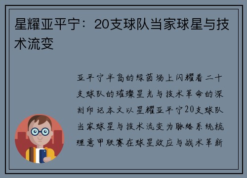 星耀亚平宁：20支球队当家球星与技术流变